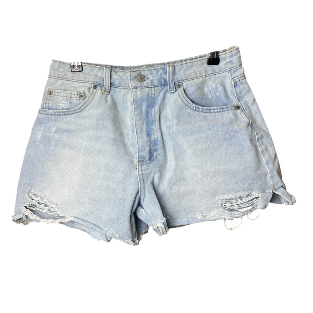 Mid Rise Denim Shorts Light Wash Raw Hem Size 9 Y2K Festival Distressed Jorts